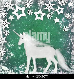 Fantasy unicorn christmas snowflake star snow green background border. Abstract festive decoration design for Yule, Noel, Xmas. Greeting card. Stock Photo