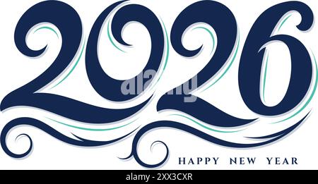 Happy new year 2026 typography with caligraphic hand drawn design Stock Vector