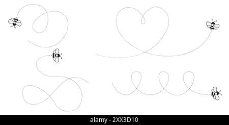 Cartoon Bee Flying on a Dotted Route. Vector illustration isolated on background. Stock Vector