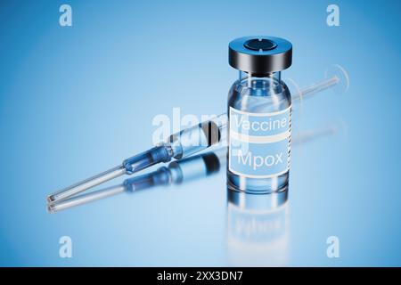 Three vials labeled Monkeypox vaccine and a syringe on a blue ...