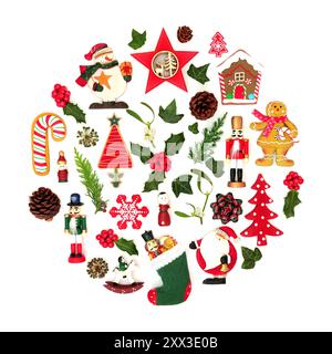 Festive Christmas flora and bauble decorations in circle design shape on white background. Traditional natural retro symbols for the holiday season. Stock Photo