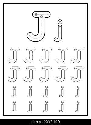 Alphabet Tracing Worksheets for Kids With Uppercase and Lowercase Letter Practice Pages Letter J Stock Vector