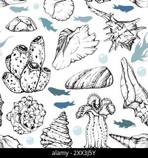 Marine life, sea ocean underwater creatures fish, shells algae seaweed, Ink and pen sketch hand drawn. Seamless pattern illustration, stylized Stock Vector