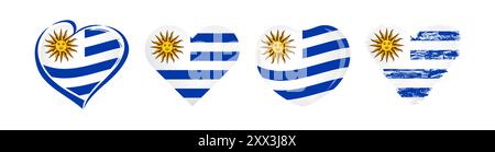 Collection of heart shaped labels with flag of Uruguay and isolated clipping mask. Uruguayan Independence Day celebrating element. Travel symbol. Stock Vector