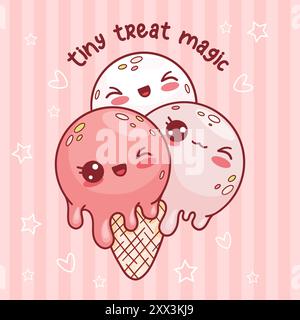 Three balls of multi-colored ice cream cone in waffle cup. Cute sweet kawaii cartoon character. Vector illustration Stock Vector