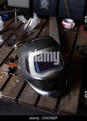 A welder at work in a workshop in Newcastle Upon Tyne in England, United Kingdom. Stock Photo