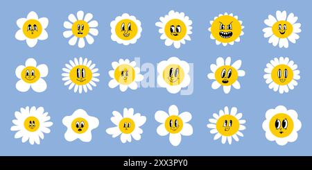 Daisy flowers with cartoon funny smiling faces, chamomile characters. Cute camomile happy emotion. Kids logo design with daisies vector set Stock Vector