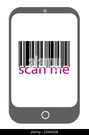 Image of a smartphone screen displaying a barcode with scan me text underneath. Minimalistic graphic style with a white background. Concept of barcode Stock Vector