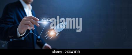 A business professional interacts with a digital interface, illustrating a startup business growth chart leading to the year 2025. The image features Stock Photo
