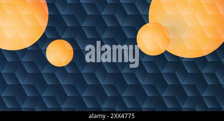 Orange Balls, Spheres on Dark Blue 3D Cubes Patterned Surface - Minimalist Editable Abstract Background Creative Design, Wide Scale Vector Template Fo Stock Vector