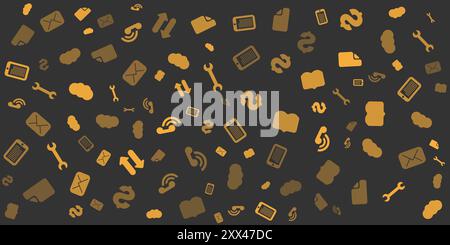Various Orange Finance, IT or Technology Symbols, Icons Pattern of Various Sizes and Orientation on Wide Scale Dark Brown Background - Design Template Stock Vector