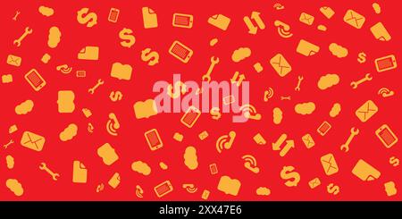 Various Orange Finance, IT or Technology Symbols, Icons Pattern of Various Sizes and Orientation on Wide Scale Red Background - Design Template in Edi Stock Vector
