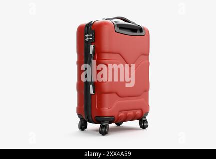 A regular red plastic travel luggage suitcase with a zipper handles and a combination lock on an isolated white background - 3D render Stock Photo