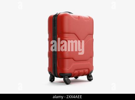A regular red plastic travel luggage suitcase with a zipper handles and a combination lock on an isolated white background - 3D render Stock Photo
