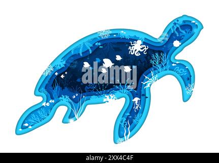 Paper cut turtle silhouette and underwater landscape, vector undersea life background. Tropical fishes and coral reef underwater animals with octopus, stingray and seaweeds in turtle paper cut frame Stock Vector