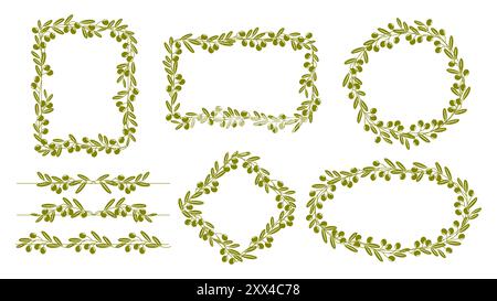 Olive leaves frame and border. Elegant oval, square, round, rectangular and rhombus shapes, dividers, decorative photo frames or elements for menu in natural Mediterranean style with olive leaves Stock Vector