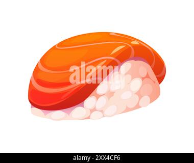 Cartoon Japanese nigiri sushi roll with a piece of fresh salmon fish on a bed of white fluffy rice ball. Isolated vector traditional Japan food, tasty sushi, culinary meal with seafood ingredients Stock Vector