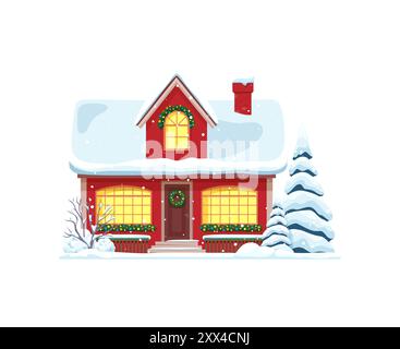 Christmas winter house facade exterior. Vector home with twinkling lights, exudes warmth, featuring frosted windows, snow-covered roof, and festive wreath, inviting holiday cheer into its cozy embrace Stock Vector