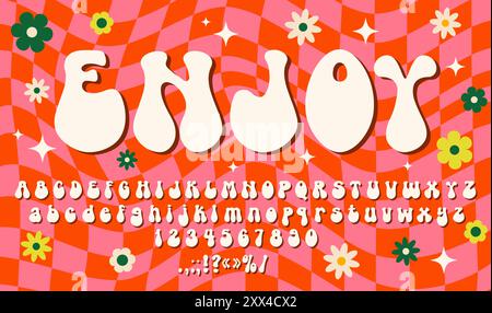 70s groovy psychedelic font, 60s trippy typeface, funky hippy type, retro alphabet letters, numbers and symbols. Bold, wavy, colorful, abc on red and Stock Vector