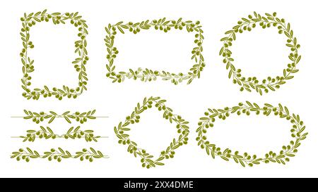 Olive leaves frame and border. Elegant oval, square, round, rectangular and rhombus shapes, dividers, decorative photo frames or elements for menu in natural Mediterranean style with olive leaves Stock Vector