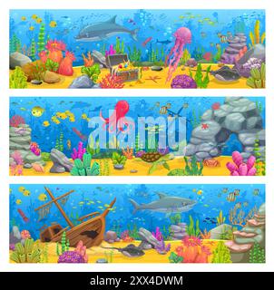 Cartoon underwater landscape banners with sea fishes and ocean animals ...