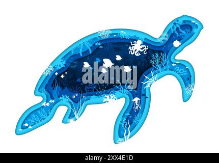 Paper cut turtle silhouette and underwater landscape, vector undersea life background. Tropical fishes and coral reef underwater animals with octopus, stingray and seaweeds in turtle paper cut frame Stock Vector