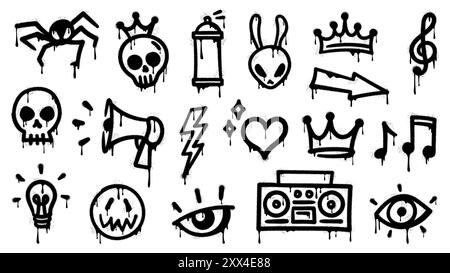 Graffiti spray paint, grunge ink icons. Vector set of black urban and street culture elements. Spider, skull, crown and rabbit head, musical notes, lightning bolt and heart. Eye, megaph, light bulb Stock Vector