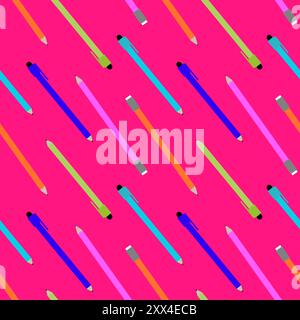 Vector School pattern with pencils, pens on a bright pink background. Stock Vector