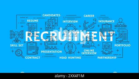 Job search and recruitment line icons vector set. Hiring linear symbols, include resume, online interview, candidates, career and presentation. Insurance, head hunting, skill set and partnership Stock Vector