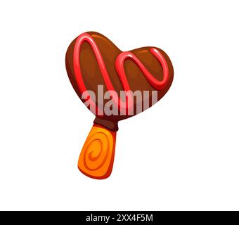 Valentine heart-shaped chocolate lollypop with red icing drizzle and swirled wooden stick. Cartoon vector candy sweets and confectionery lollipop festive dessert, treat for Valentines Day celebration Stock Vector