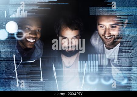 Business people, data and night with dashboard for future development, analytics or statistics at office. Group of young developers working late on Stock Photo