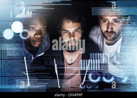 Business people, data and night with overlay for future development, analytics or statistics at office. Group of young developers working late on Stock Photo