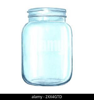 Glass empty jar. Vase transparent for flowers. Hand drawn watercolor illustration isolated of background. Bottle, vessel for liquid or medicine Stock Photo