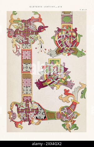 Medieval borders and ornaments in the style of illuminated art. Vintage chromolithography from a 19th-century book published in London. Stock Photo