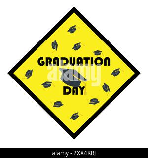 Yellow sticker with silhouette of graduation caps and the text graduation day Stock Vector