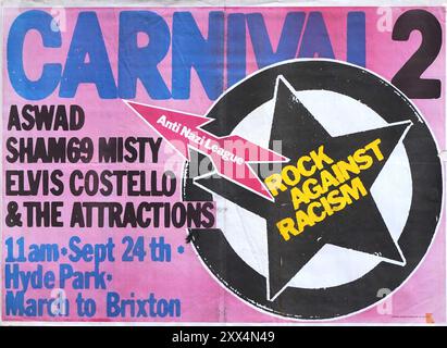 ELVIS COSTELLO & THE ATTRACTIONS / SHAM 69 / MISTY / ASWAD   CARNIVAL 2. Anti Nazi League Rock Against Racism poster.   Features the famous ANL logo.  September 24th 1978 Brockwell Park. London (March from Hyde Park to Brixton). The line-up featured a quartet of late punk, early new wave and reggae outfits of the time, a musical mix which was designed to stress the cultural mix of the Anti Nazi movement.  The design features the iconic Rock Against Racism and Anti Nazi League symbols, as well as the xerox style enlarged typography and bright colour inks typical of the ANL movement. Stock Photo