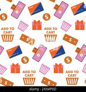 Seamless pattern with Flat Online shopping Concept Elements Isolated on white. Vector background with cart, delivery, credit card, smartphone for onli Stock Vector