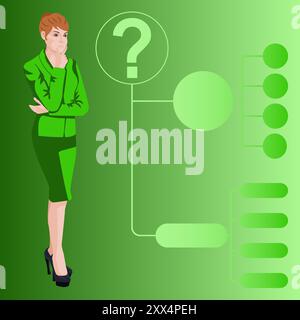 Woman uses a decision tree diagram to identify a problem or opportunity in the decision-making process. Business concept. Flat vector illustration. Stock Vector