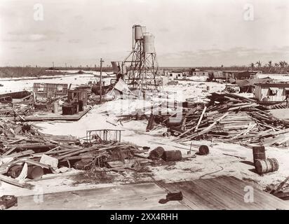 Aftermath of the destruction from the 1935 Labor Day Hurricane at Veterans Camp #3 on Lower Matecumbe Key in the Florida Keys. The power category 5 hurricane brought 18-20 foot storm surge and was responsible for hundreds of human deaths. (USA) Stock Photo