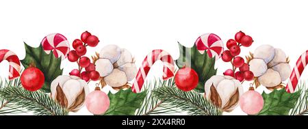 Festive seamless border with watercolor illustration featuring candy canes, holly leaves, red berries, and Christmas ornaments. Perfect for holiday Stock Photo