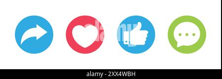 Like, Share, comment and love heart icon buttons. Social media notification vector icon set. Like icon button, thumb up icon, love and heart icon. Stock Vector