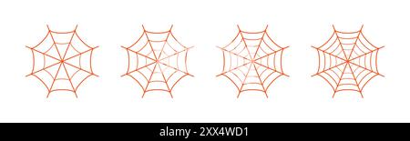 Set of spider web orange color on white background. Spider web icon set in different shape. Outline set of spider vector icons. Vector illustration. Stock Vector