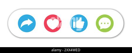 Social media vector icon set. Like button, thumb up, love and heart, comment, repost and share icon button. Vector illustration. Stock Vector