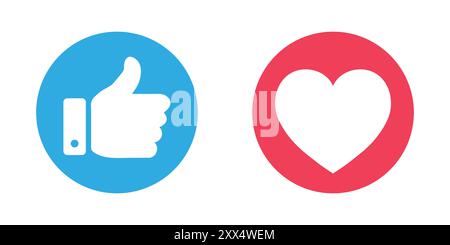 Thumbs up and heart vector icon set in blue and red color. Like and love heart icon button. Vector illustration. Vector illustration. Stock Vector
