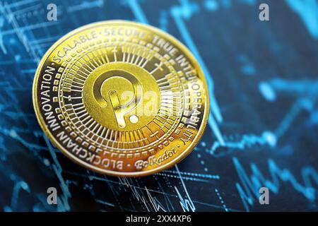 KYIV, UKRAINE - AUGUST 17, 2024 PolkaDot coin on abstract fictional cryptocurrency trading chart in blue color close up Stock Photo