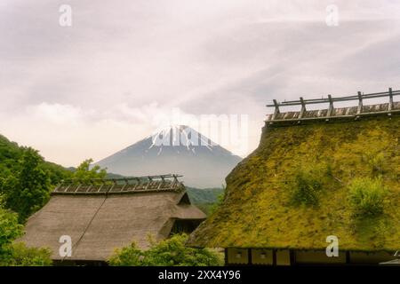 Traditional thatched-roof homes with Mt. Fuji in the background on a clear day – Yamanashi Prefecture, Japan Stock Photo