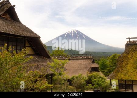 Traditional thatched-roof homes with Mt. Fuji in the background on a clear day – Yamanashi Prefecture, Japan Stock Photo