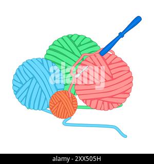 alls of yarn and crochet hook isolated on white background. Hobby, needlework, homework. Tools for knitwork, handicraft, crocheting, and crochet. Hand Stock Vector