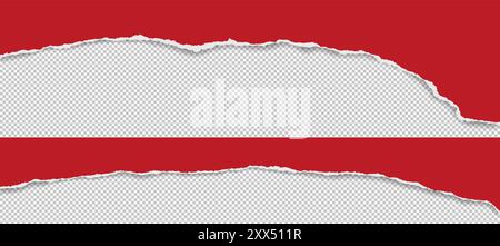 Red paper strips with torn edges and soft shadow are on squared background for text or ad. Stock Vector