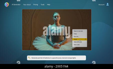 User interface of AI image generator. Artificial intelligence app generate detailed high-quality image: Portrait of elegant ballerina. Advanced text to image technology. Futuristic AI generated photo. Stock Photo